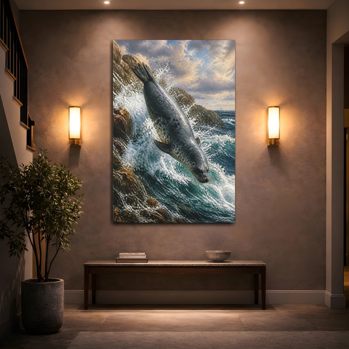 Mockup 2. Animals Seal Diving Into Surf shown as canvas print