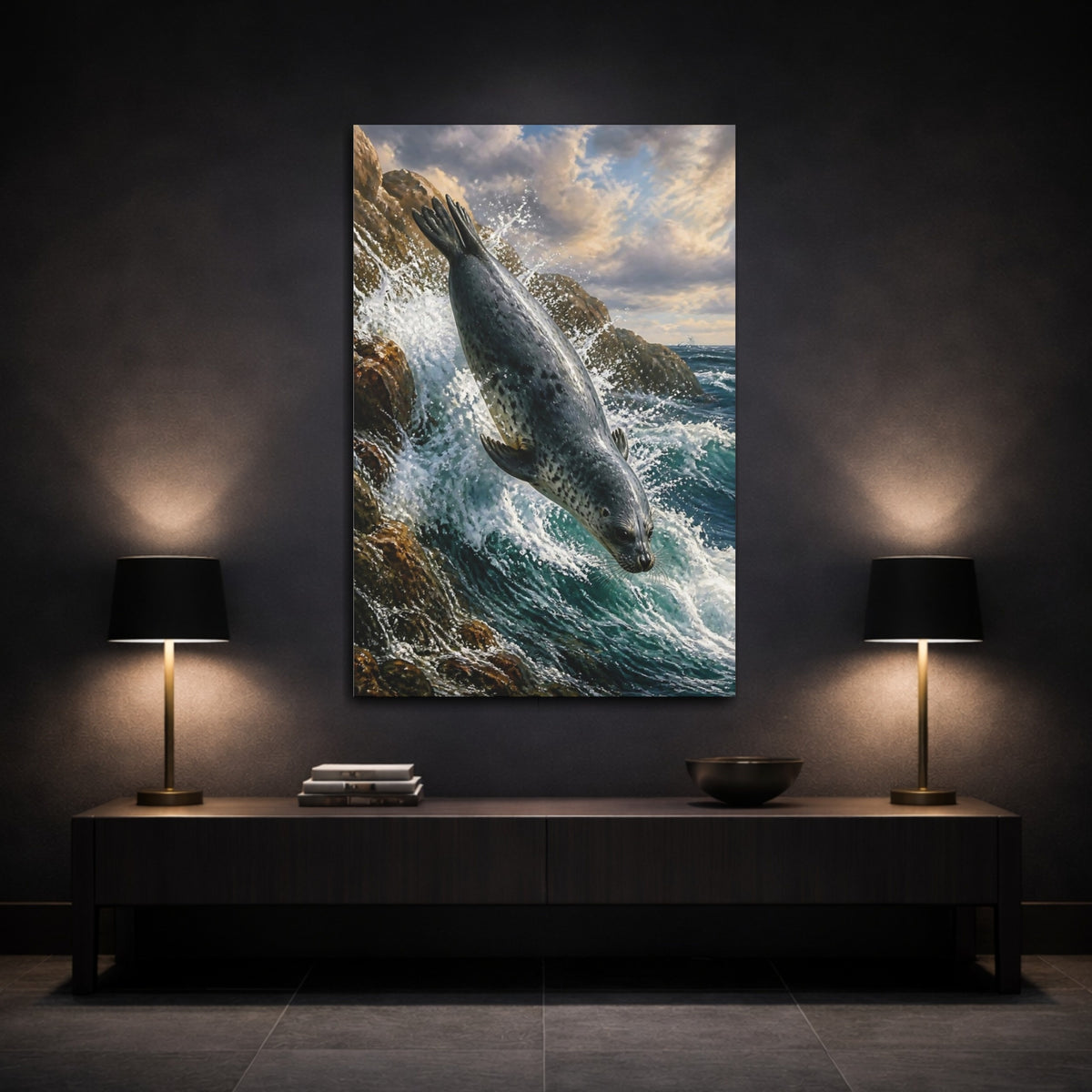 Mockup 3. Animals Seal Diving Into Surf shown as canvas print