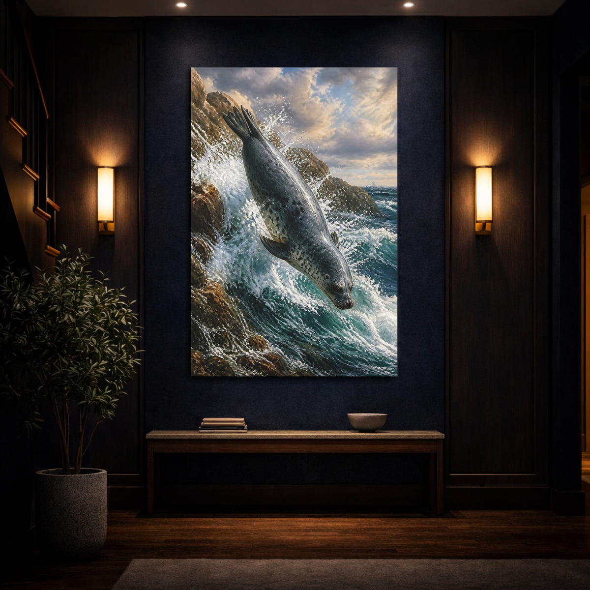 Mockup 4. Animals Seal Diving Into Surf shown as canvas print