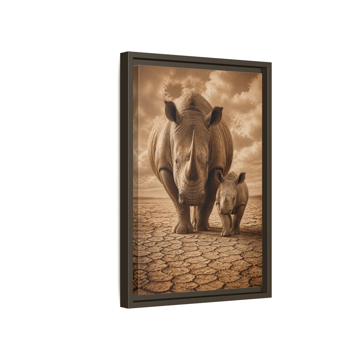 Side Mockup 5. Animals Sepia Rhino Mother And Calf shown as framed canvas print