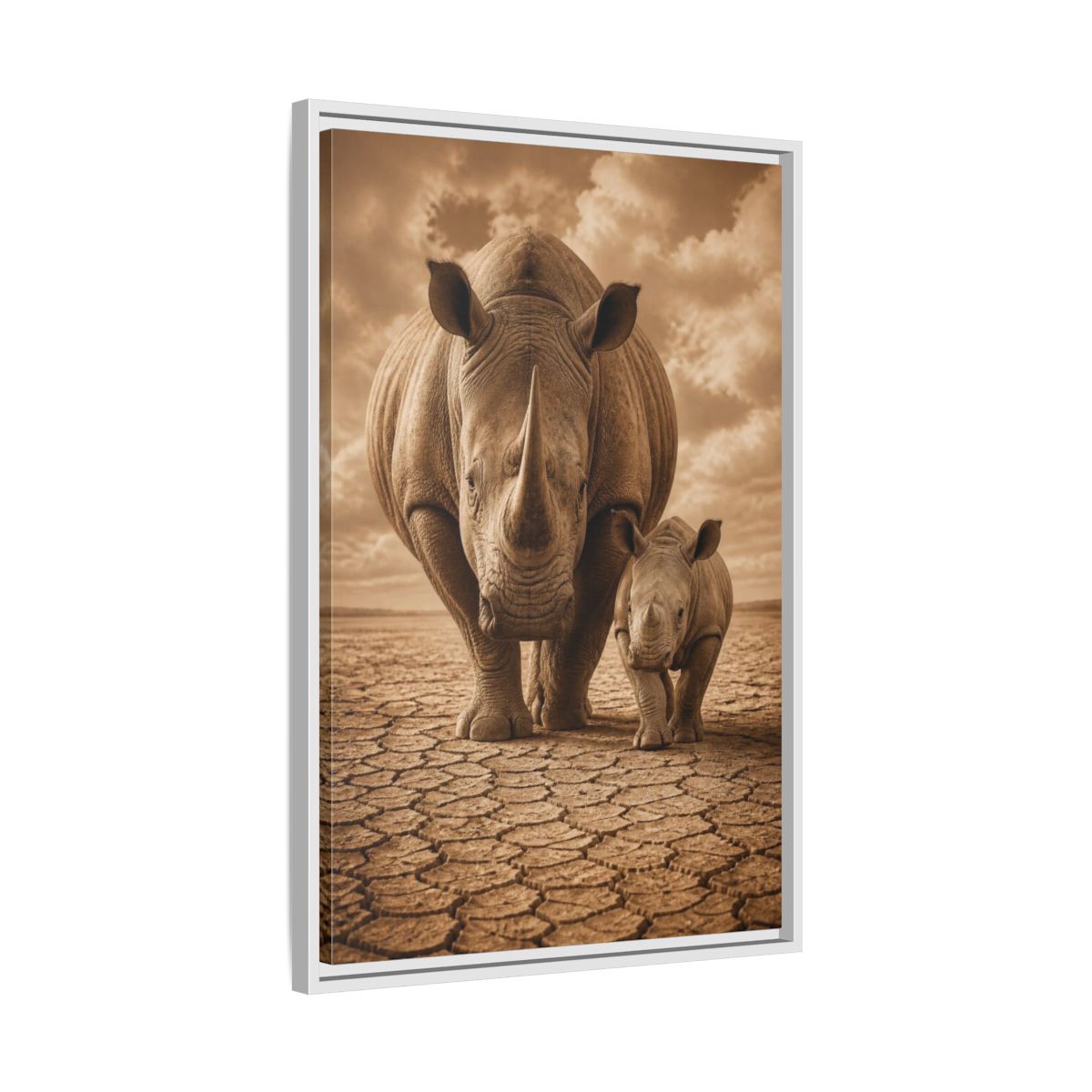 Side Mockup 10. Animals Sepia Rhino Mother And Calf shown as framed canvas print