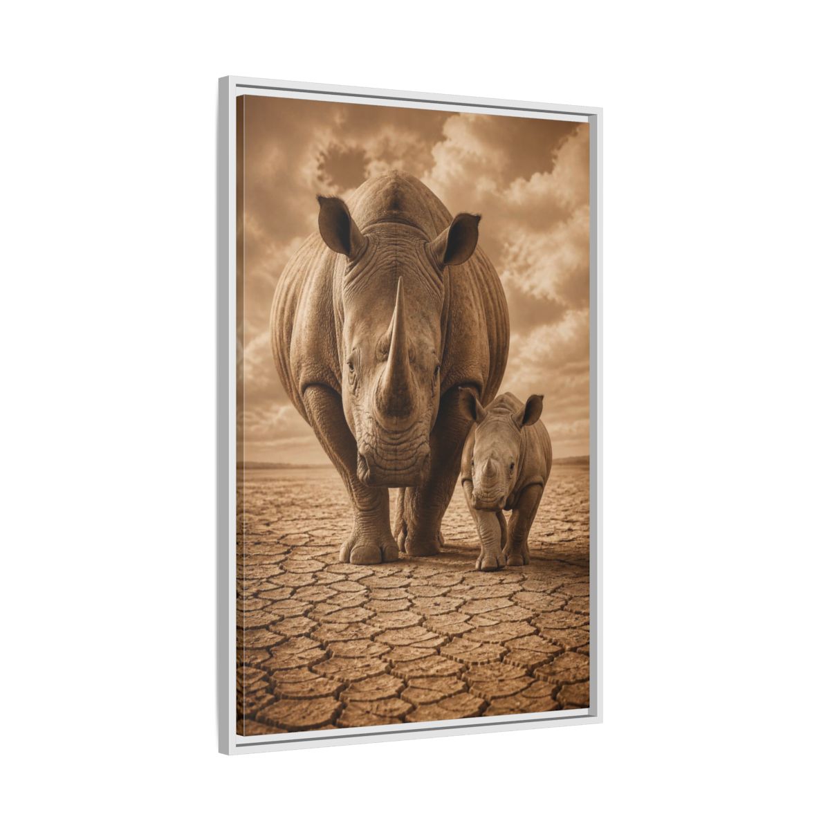 Side Mockup 9. Animals Sepia Rhino Mother And Calf shown as framed canvas print