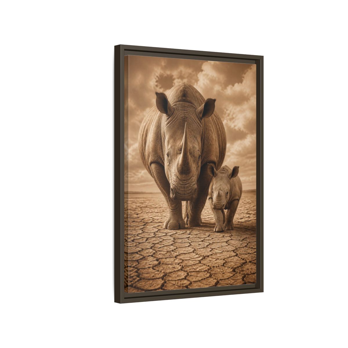 Side Mockup 2. Animals Sepia Rhino Mother And Calf shown as framed canvas print