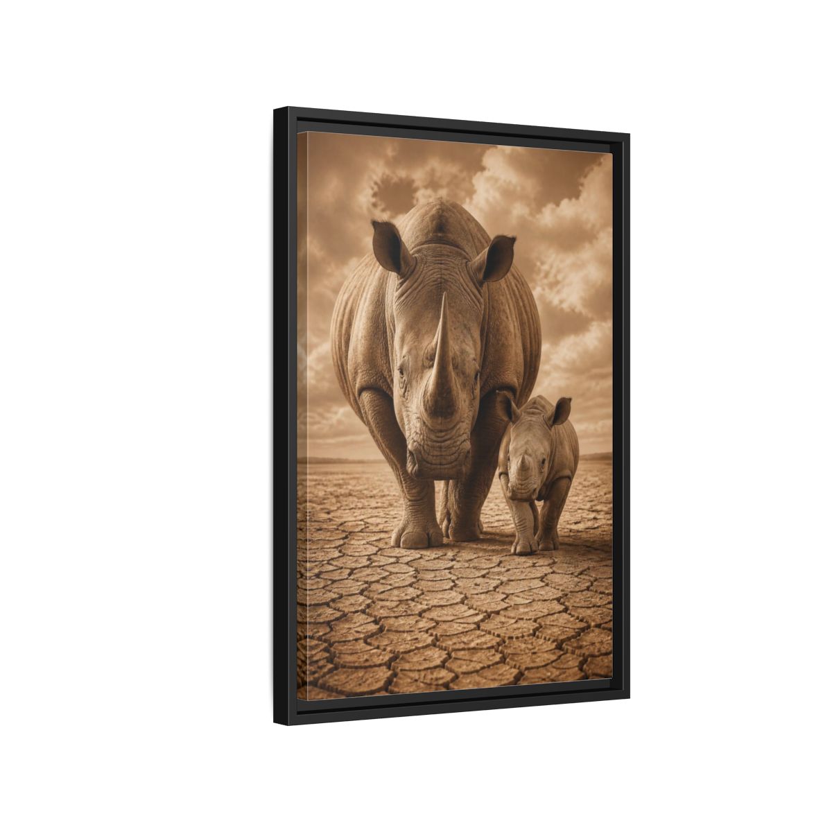 Side Mockup 3. Animals Sepia Rhino Mother And Calf shown as framed canvas print