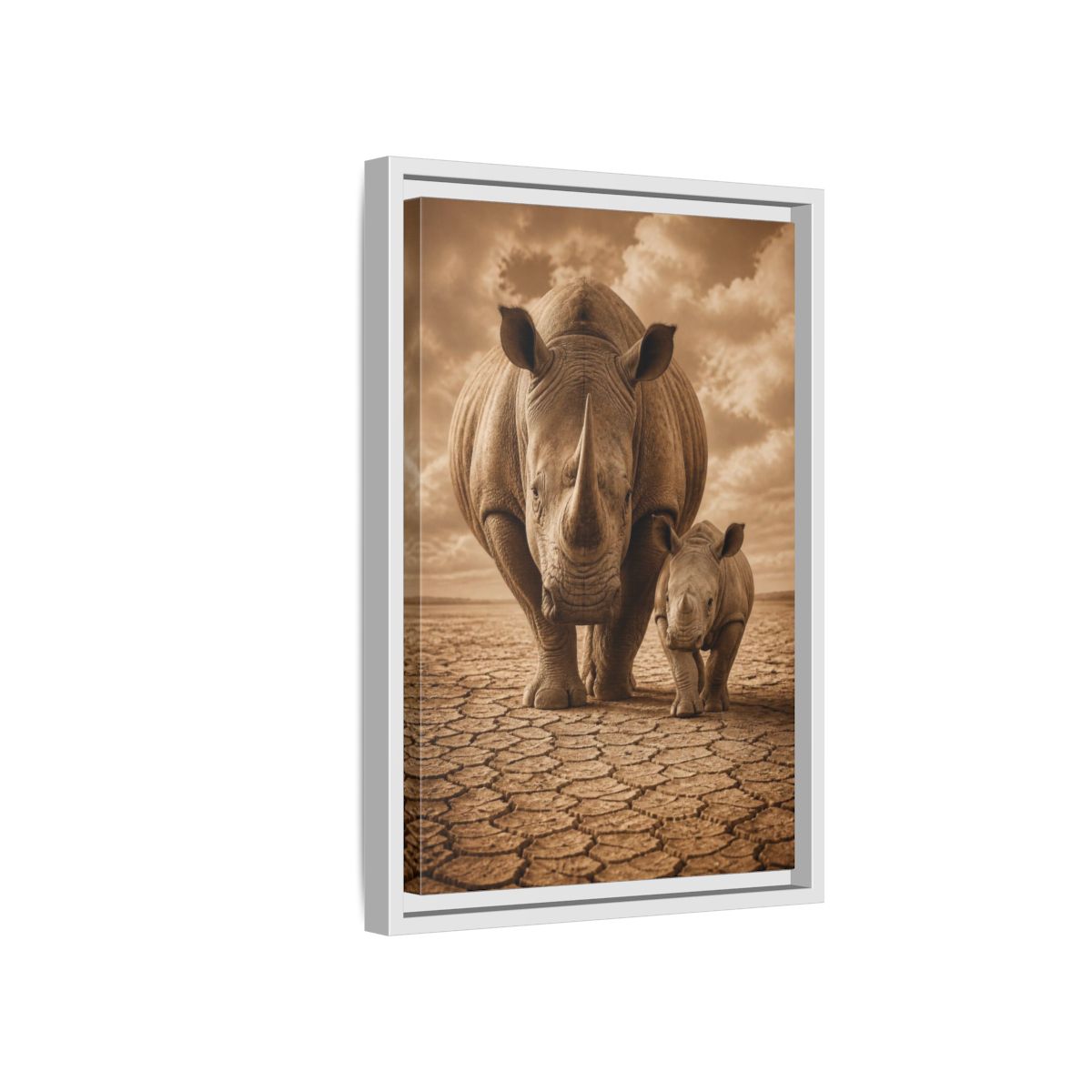Side Mockup 4. Animals Sepia Rhino Mother And Calf shown as framed canvas print