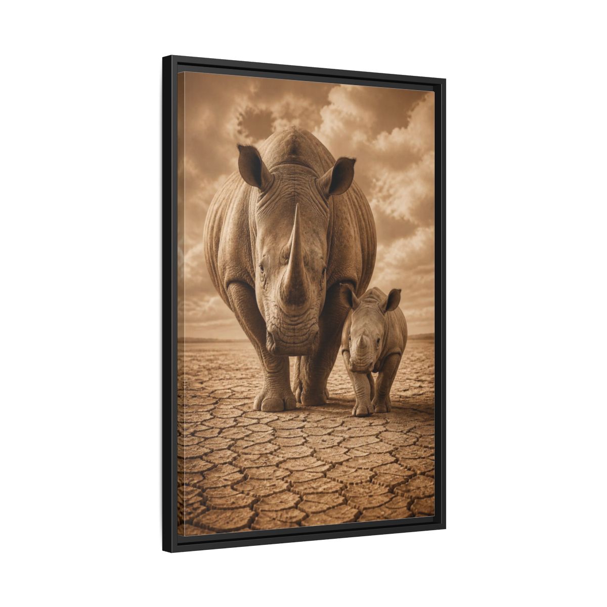 Side Mockup 14. Animals Sepia Rhino Mother And Calf shown as framed canvas print