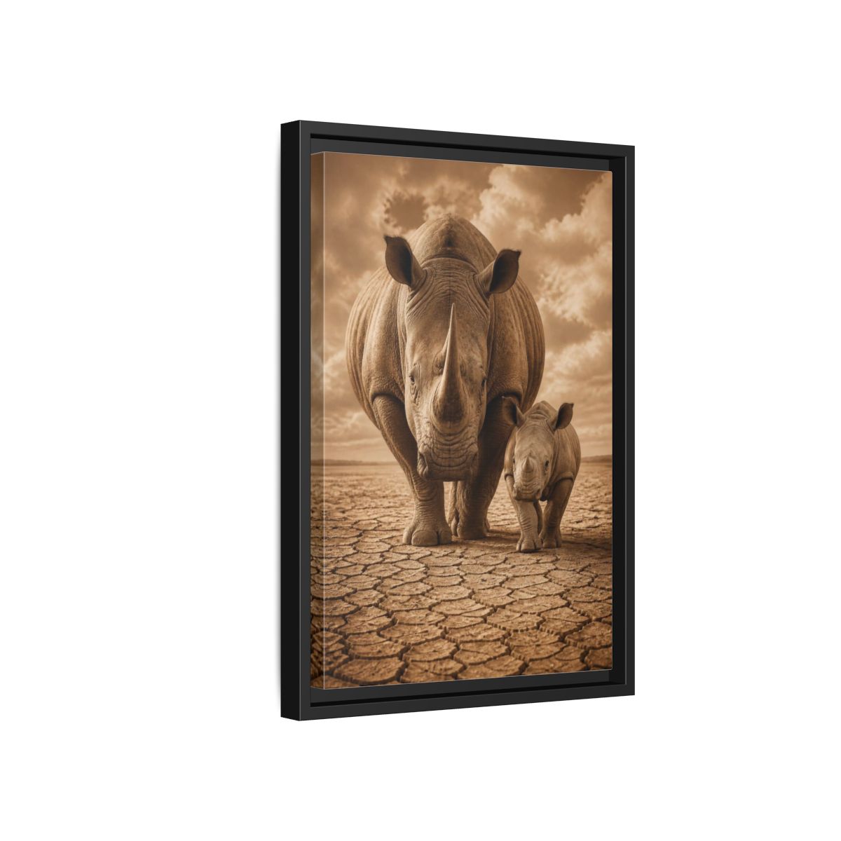 Side Mockup 6. Animals Sepia Rhino Mother And Calf shown as framed canvas print