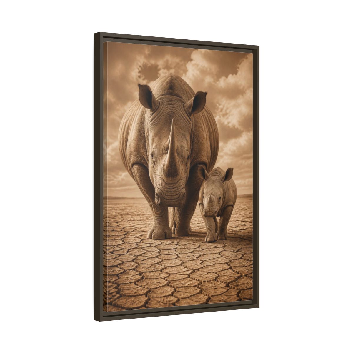 Side Mockup 11. Animals Sepia Rhino Mother And Calf shown as framed canvas print