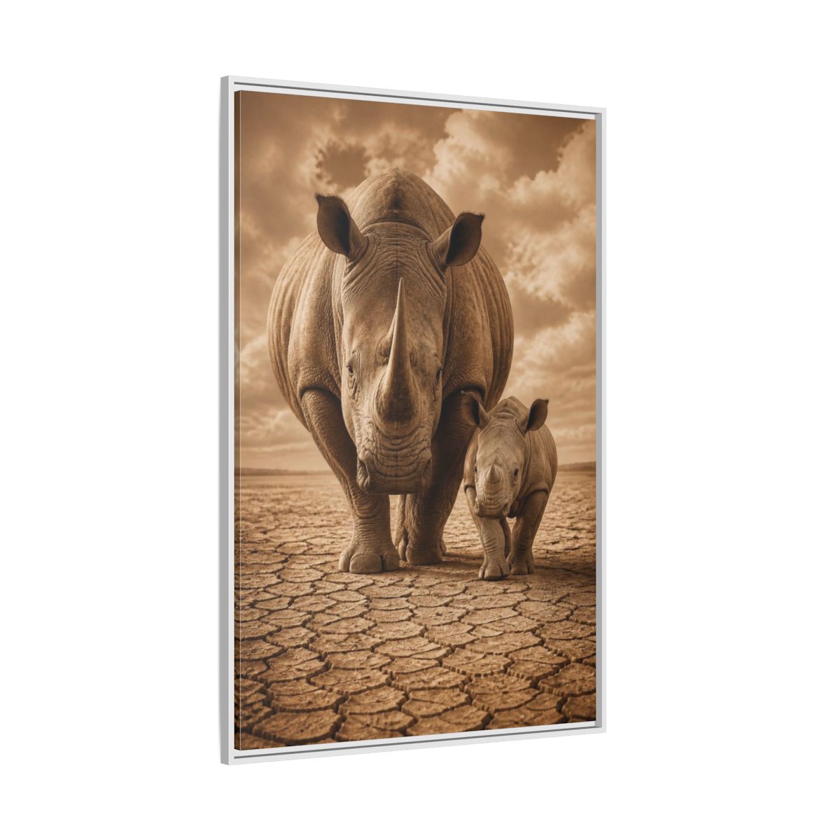 Side Mockup 7. Animals Sepia Rhino Mother And Calf shown as framed canvas print