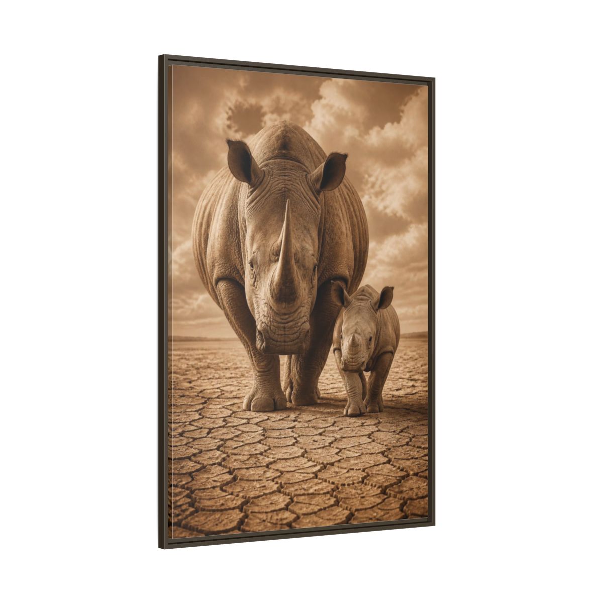 Side Mockup 8. Animals Sepia Rhino Mother And Calf shown as framed canvas print