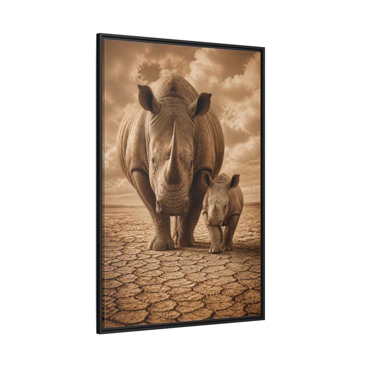Side Mockup 12. Animals Sepia Rhino Mother And Calf shown as framed canvas print