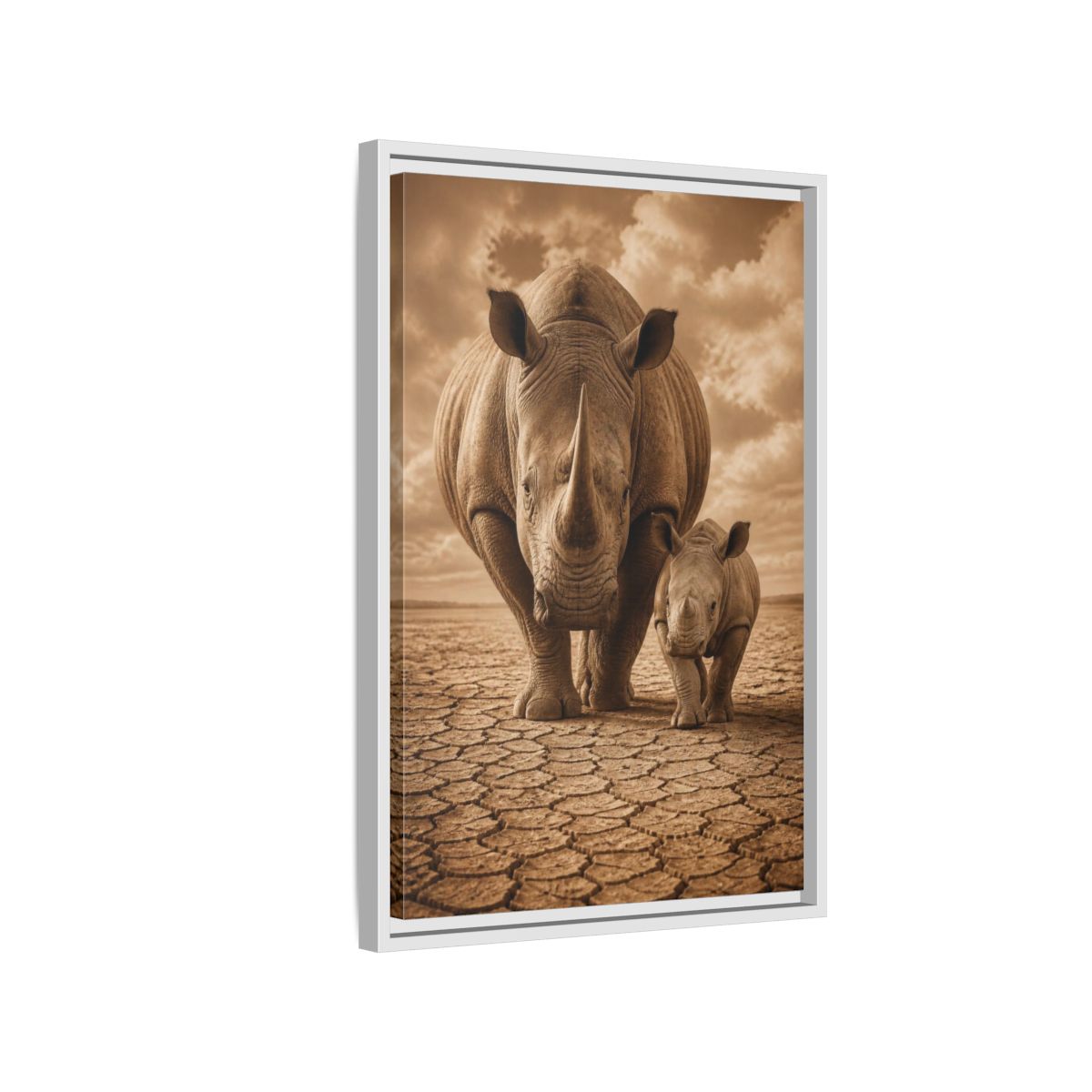 Side Mockup 1. Animals Sepia Rhino Mother And Calf shown as framed canvas print