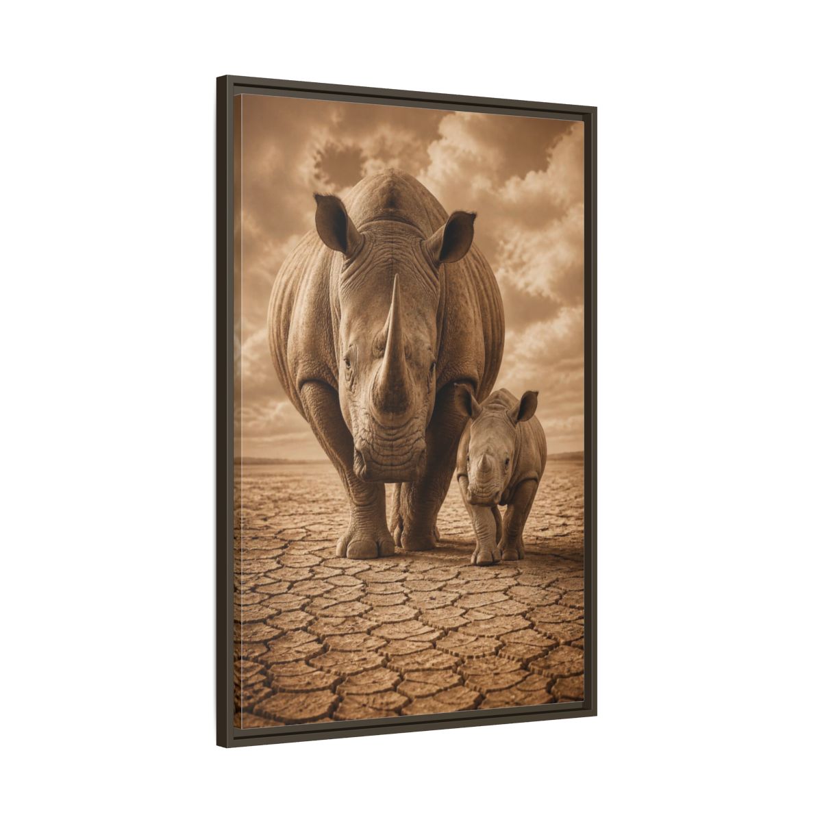 Main Mockup. Animals Sepia Rhino Mother And Calf shown as framed canvas print