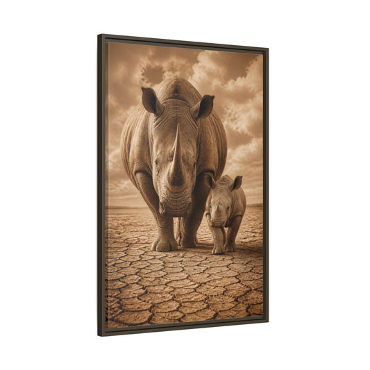 Main Mockup. Animals Sepia Rhino Mother And Calf shown as framed canvas print