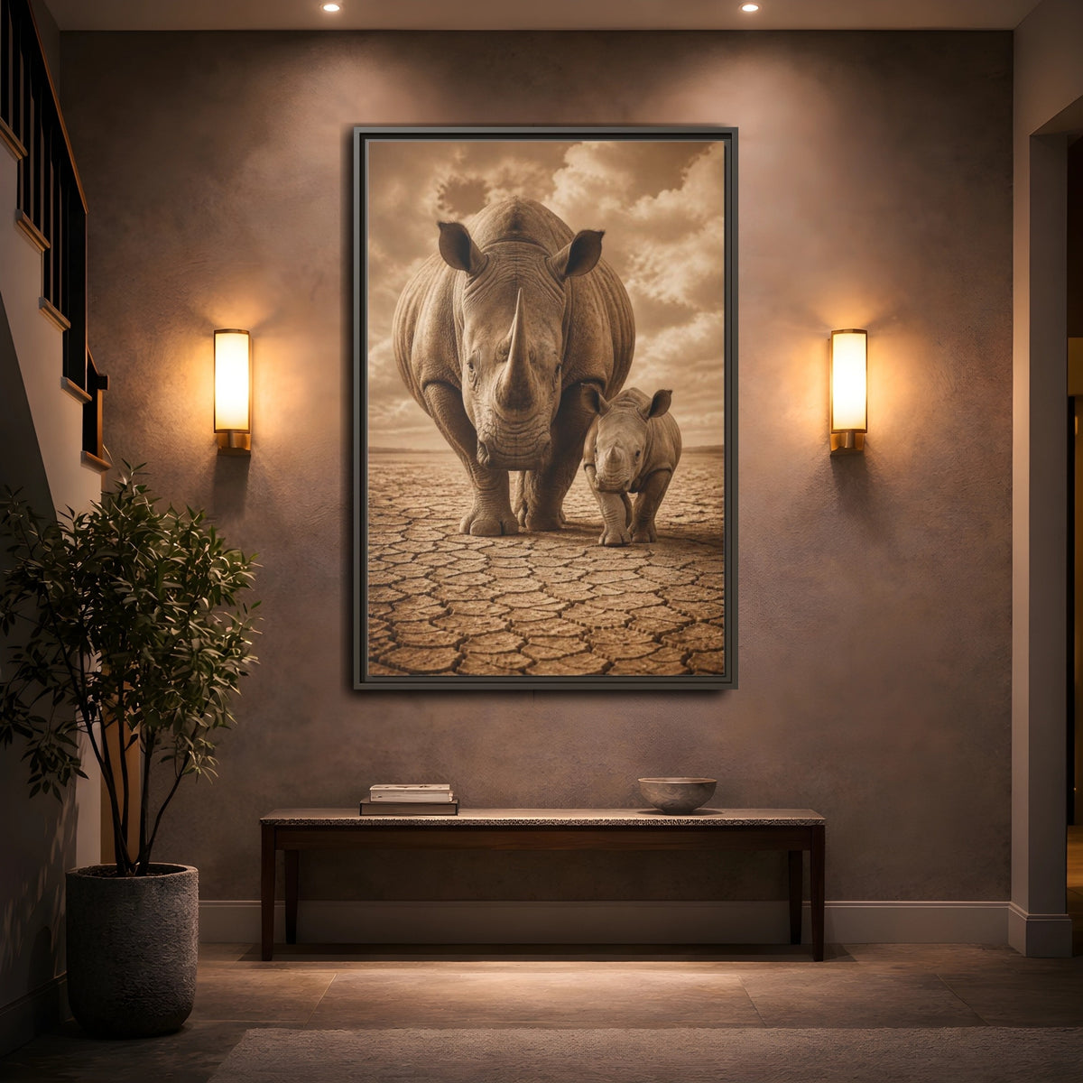 Mockup 2. Animals Sepia Rhino Mother And Calf shown as framed canvas print