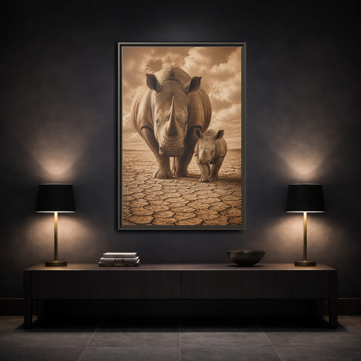 Mockup 3. Animals Sepia Rhino Mother And Calf shown as framed canvas print