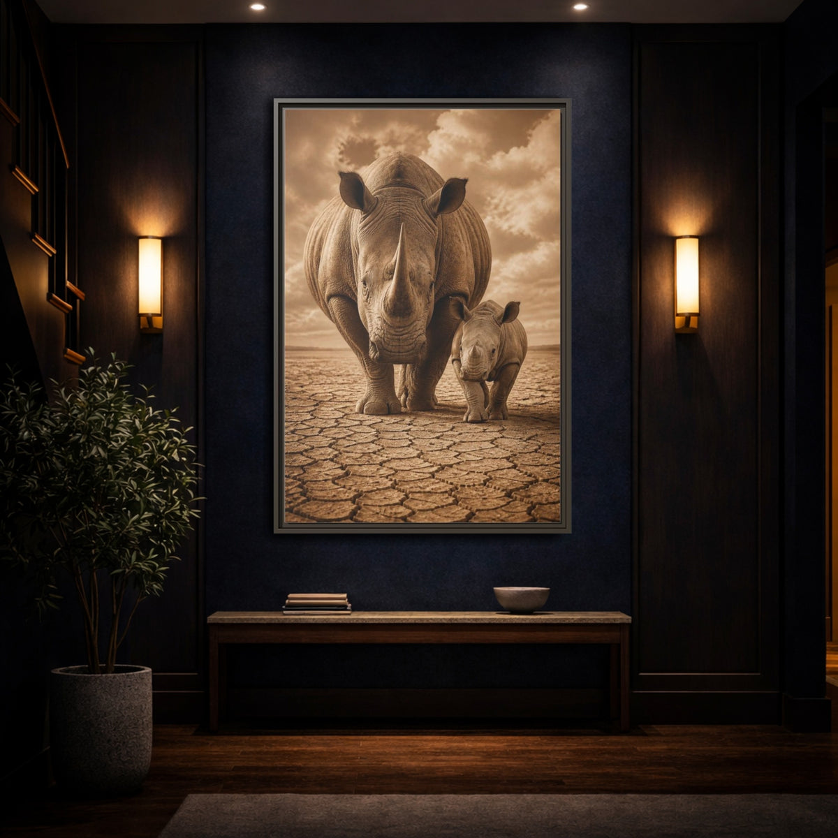 Mockup 4. Animals Sepia Rhino Mother And Calf shown as framed canvas print