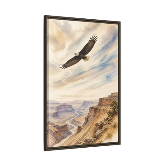 Main Mockup. Animals Soaring Bald Eagle Over Canyon shown as framed canvas print
