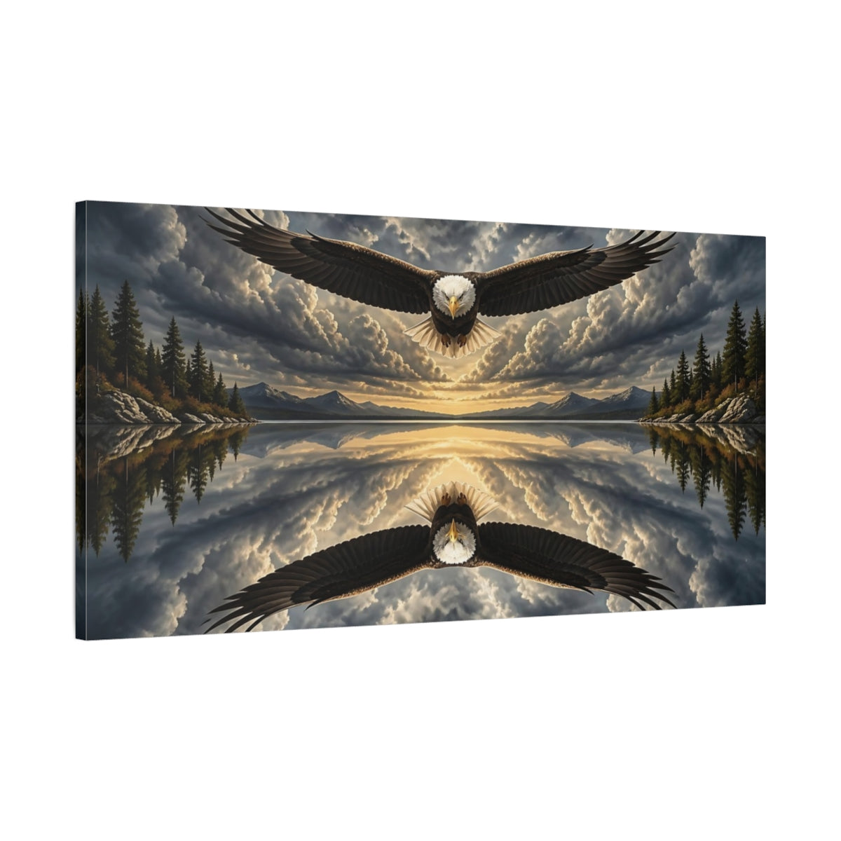 Main Mockup. Animals Soaring Eagle Over Lake shown as canvas print