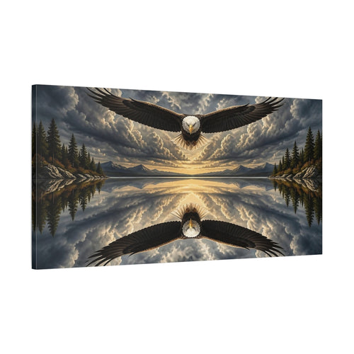 Main Mockup. Animals Soaring Eagle Over Lake shown as canvas print
