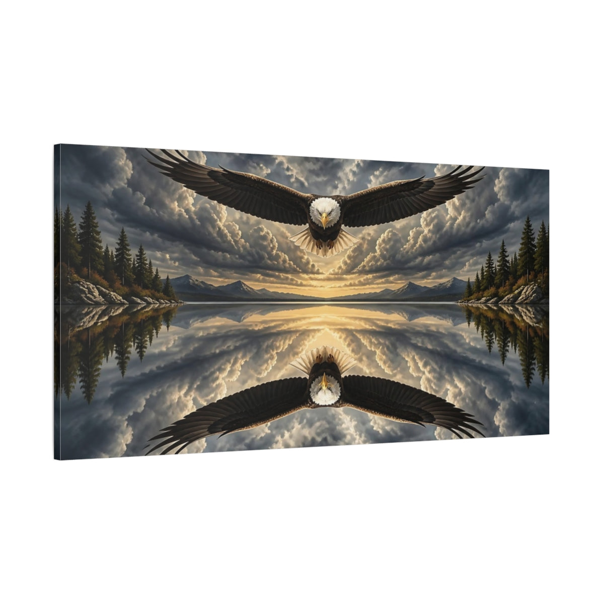 Side Mockup 2. Animals Soaring Eagle Over Lake shown as canvas print