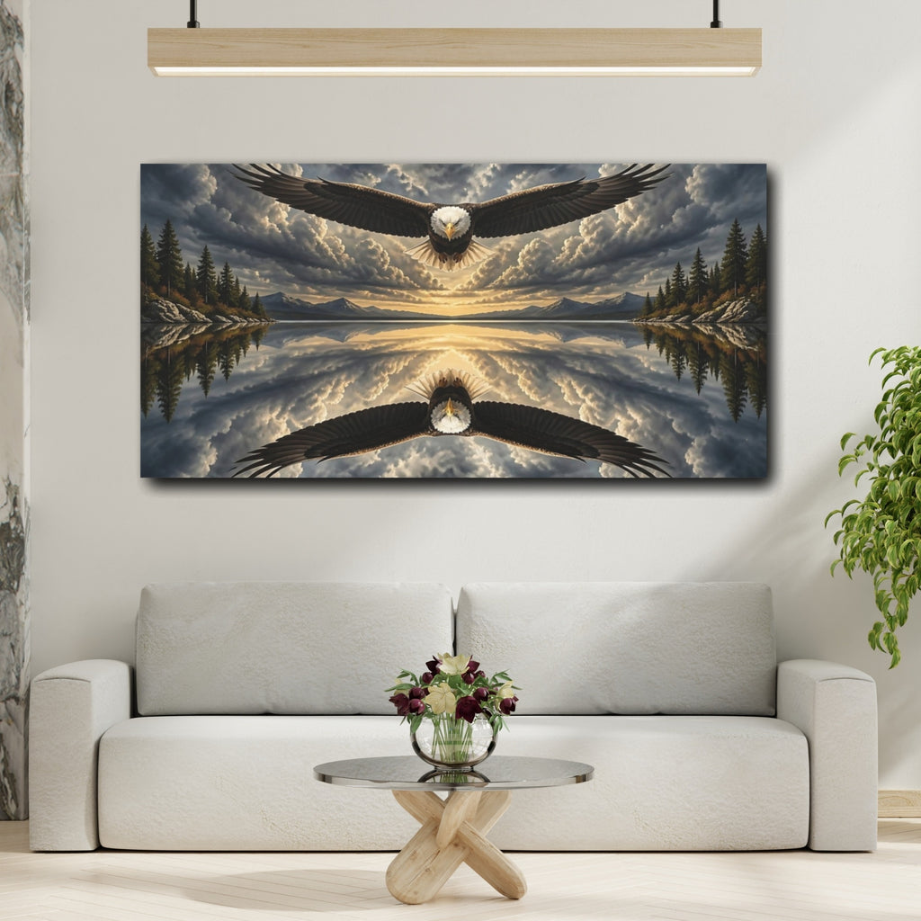 Mockup 2. Animals Soaring Eagle Over Lake shown as canvas print