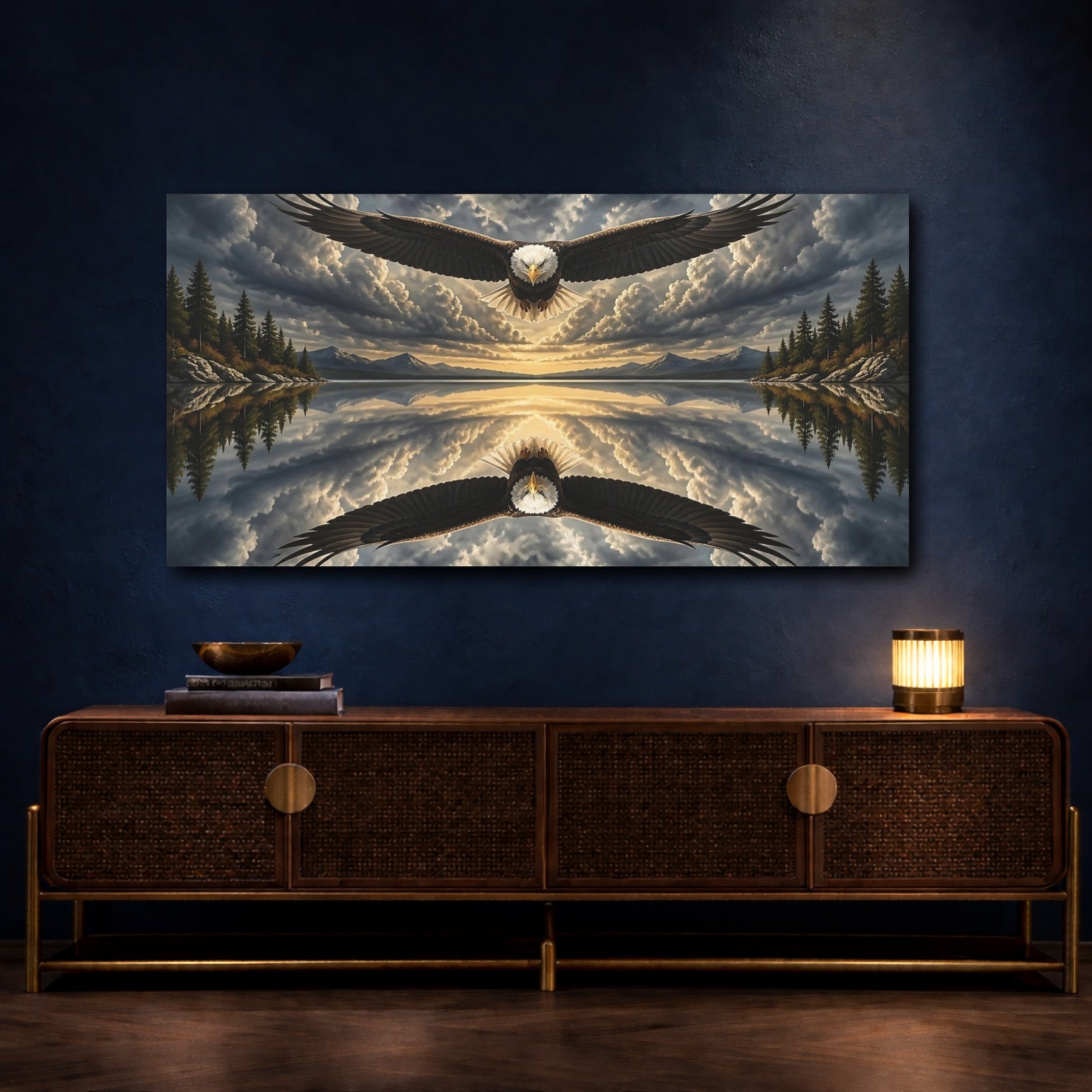 Mockup 4. Animals Soaring Eagle Over Lake shown as canvas print