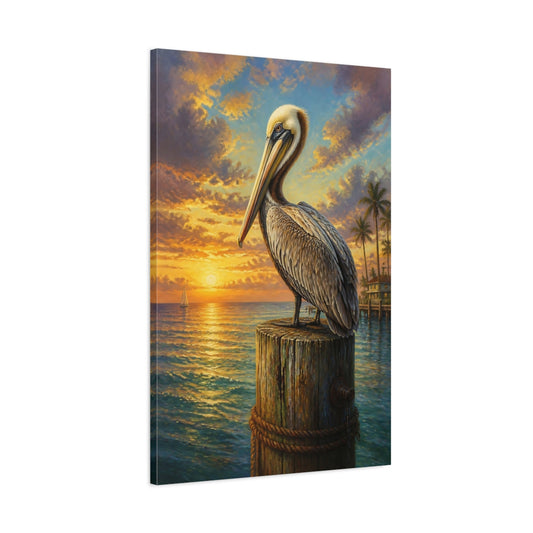 Main Mockup. Animals Sunset Pelican On Post shown as canvas print