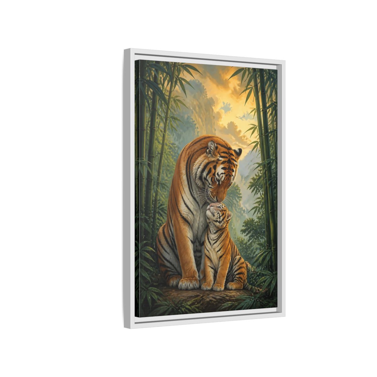 Side Mockup 1. Animals Tiger Mother And Cub shown as framed canvas print