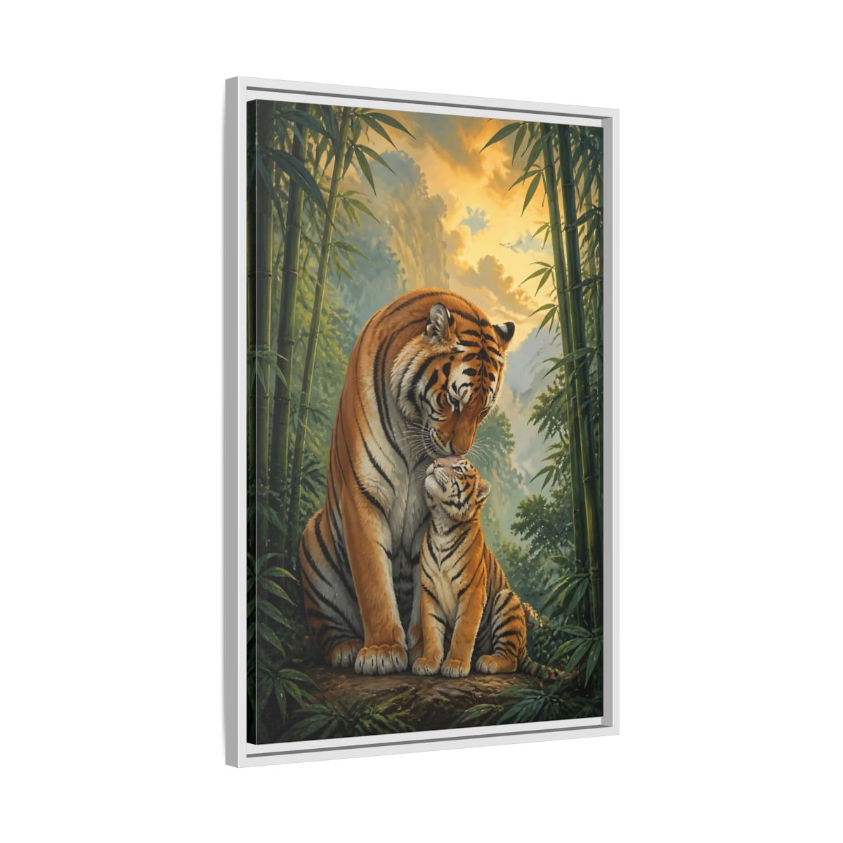 Side Mockup 10. Animals Tiger Mother And Cub shown as framed canvas print