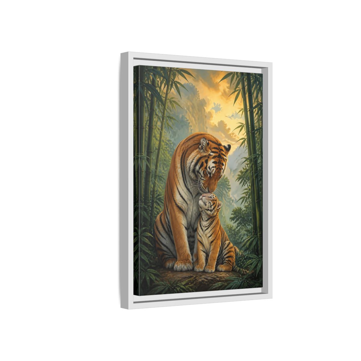 Side Mockup 4. Animals Tiger Mother And Cub shown as framed canvas print