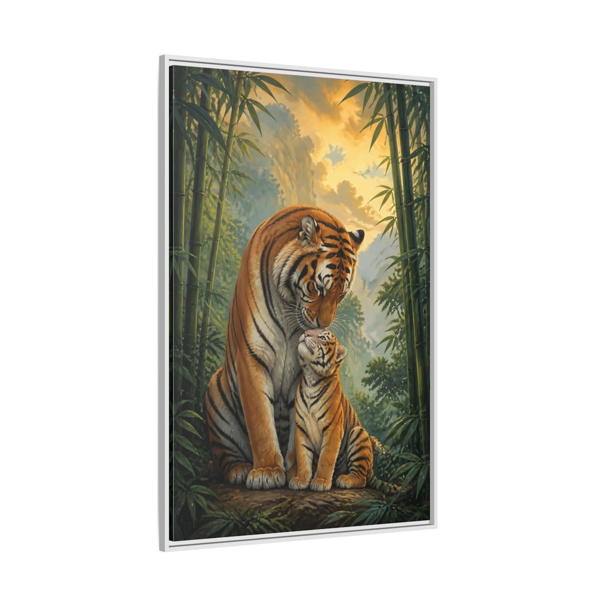 Side Mockup 7. Animals Tiger Mother And Cub shown as framed canvas print