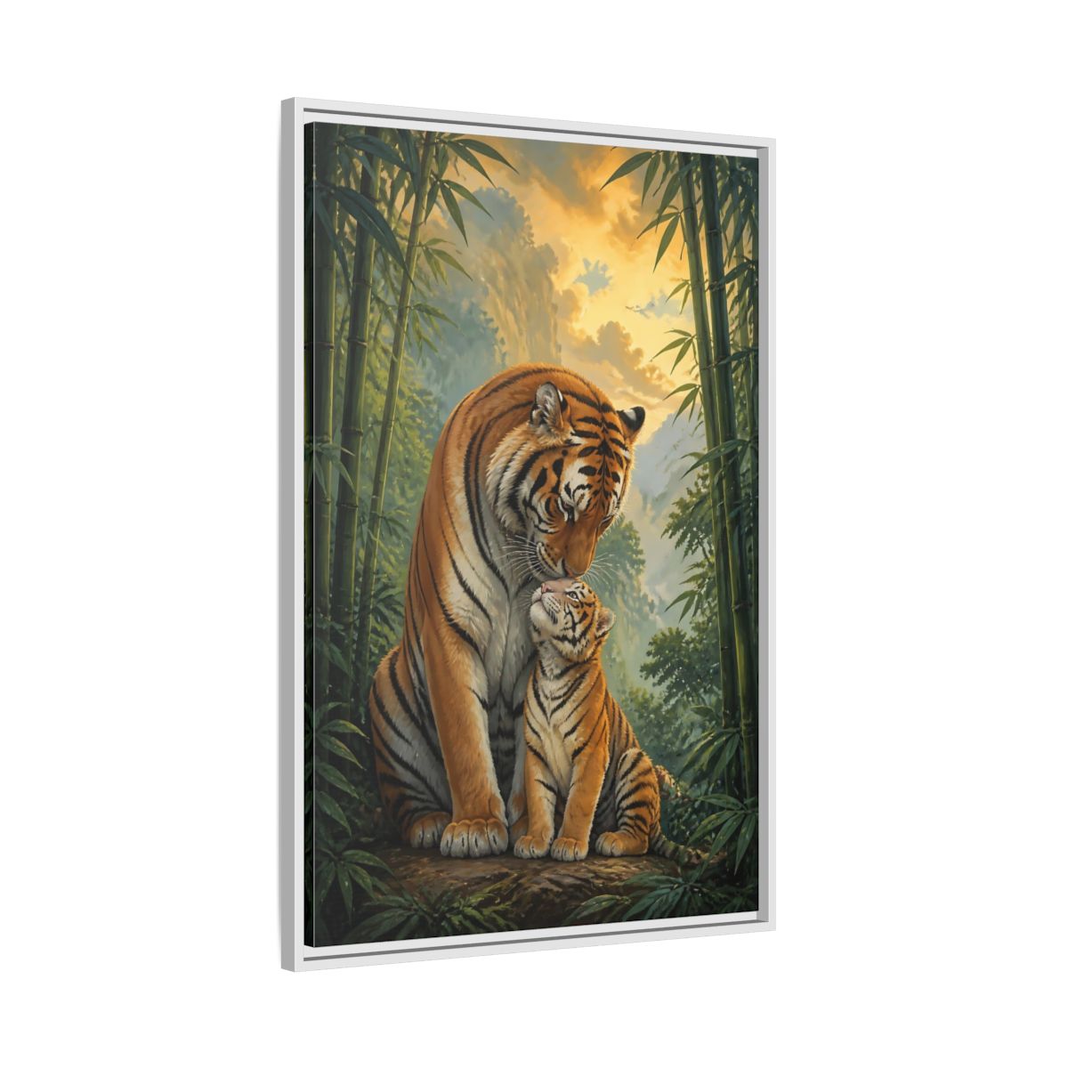 Side Mockup 9. Animals Tiger Mother And Cub shown as framed canvas print