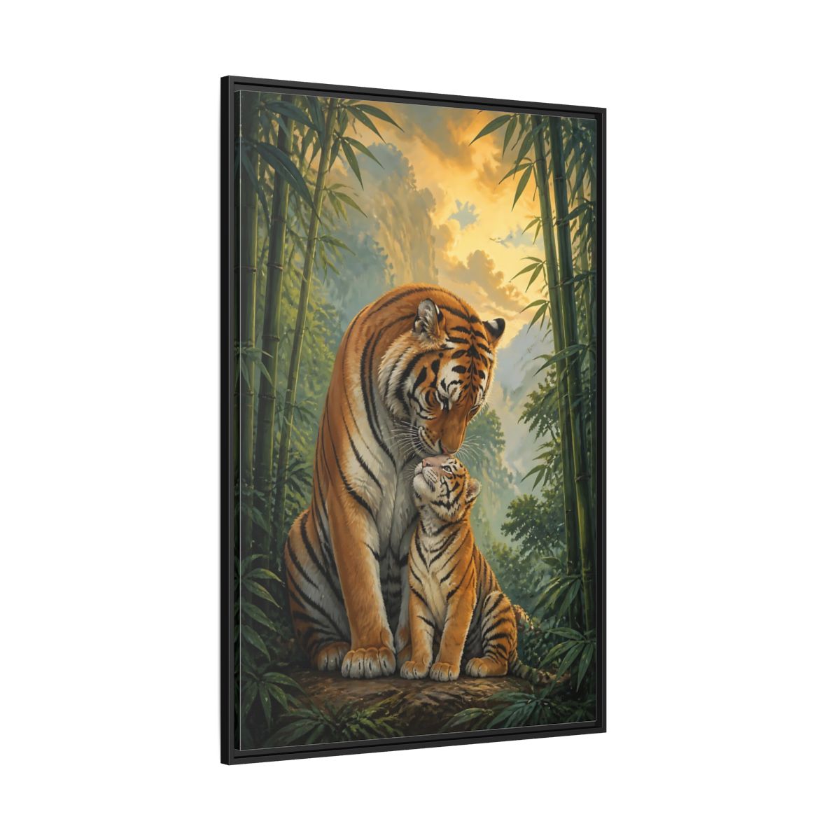 Side Mockup 12. Animals Tiger Mother And Cub shown as framed canvas print
