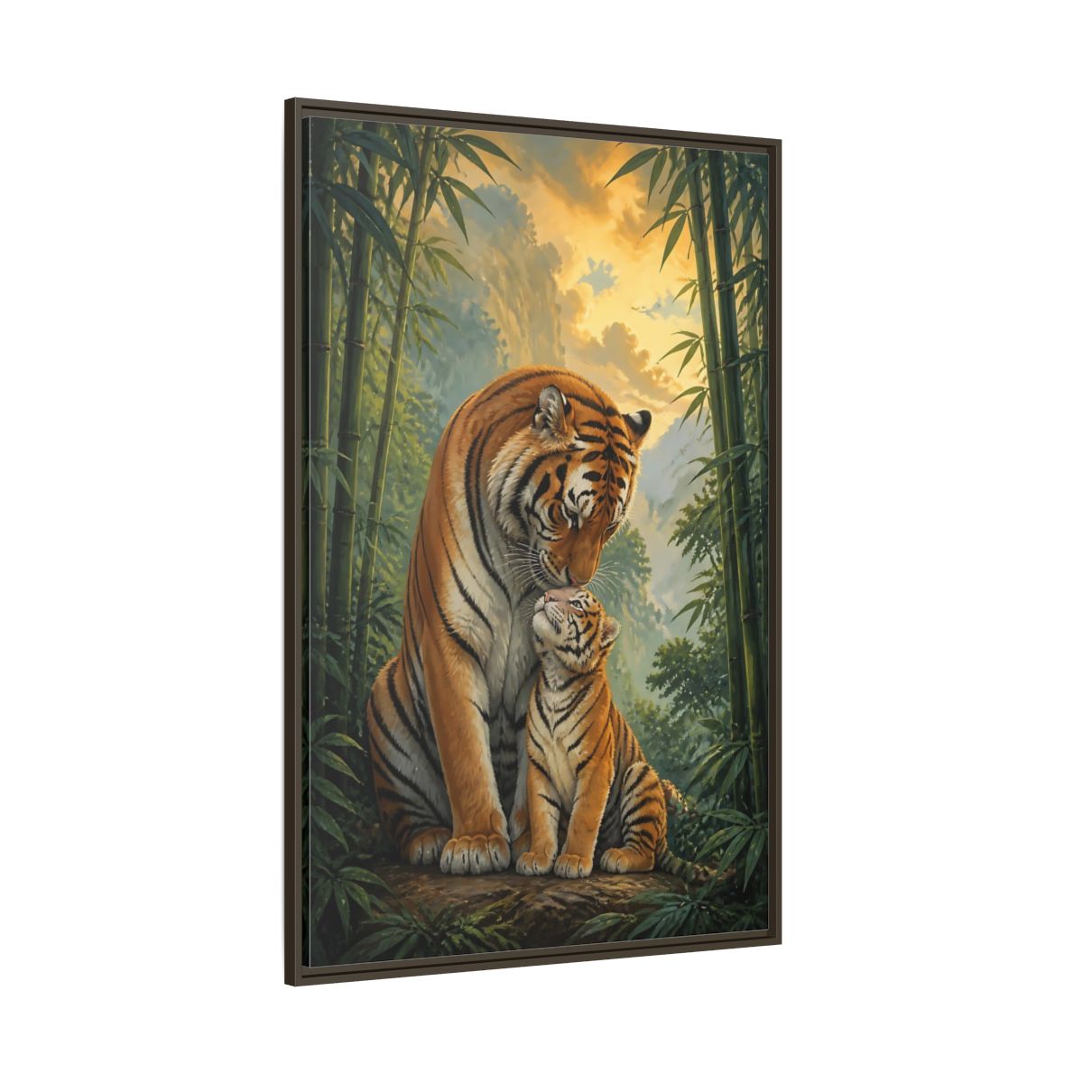 Side Mockup 8. Animals Tiger Mother And Cub shown as framed canvas print