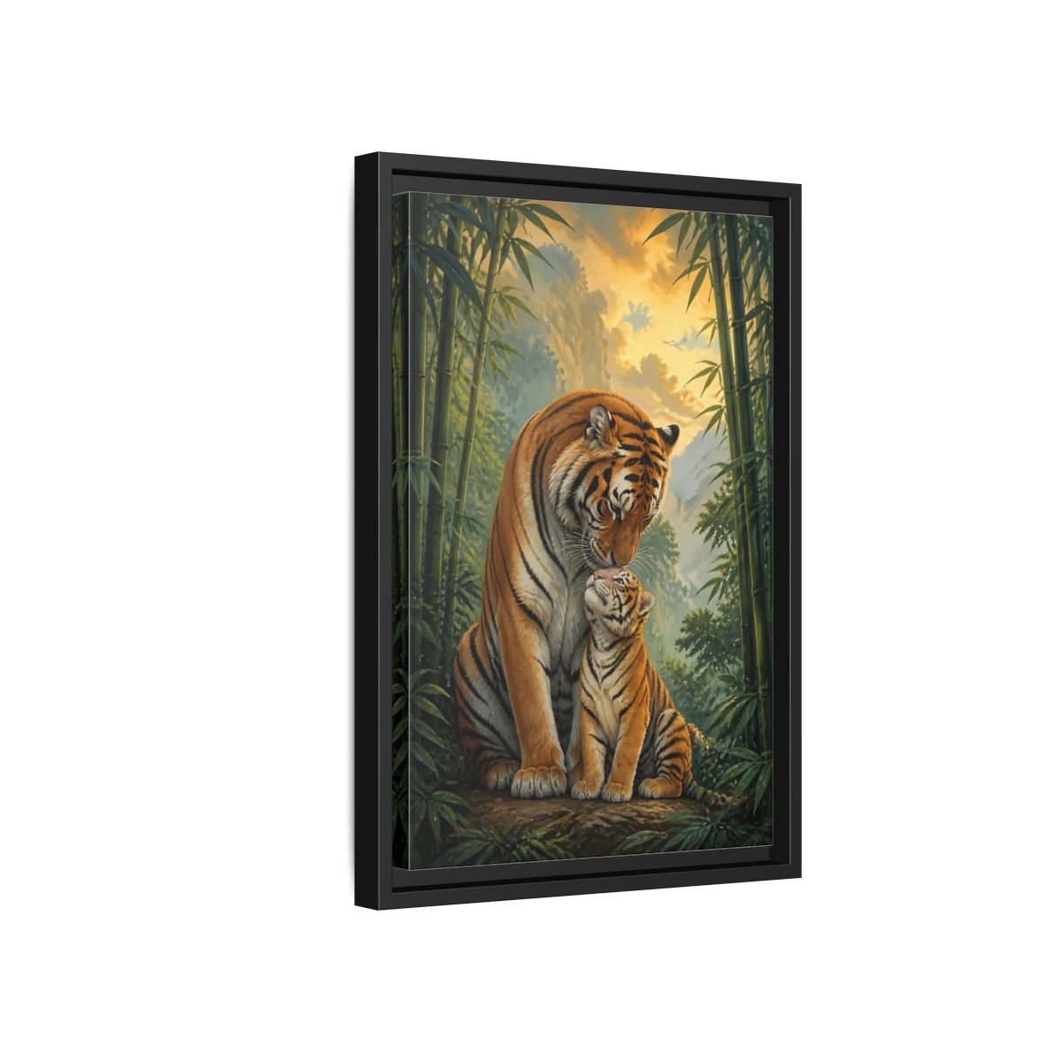 Side Mockup 6. Animals Tiger Mother And Cub shown as framed canvas print