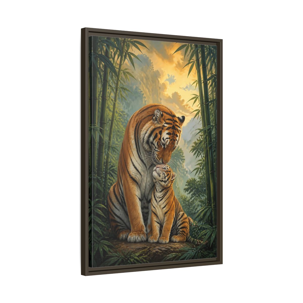 Side Mockup 11. Animals Tiger Mother And Cub shown as framed canvas print