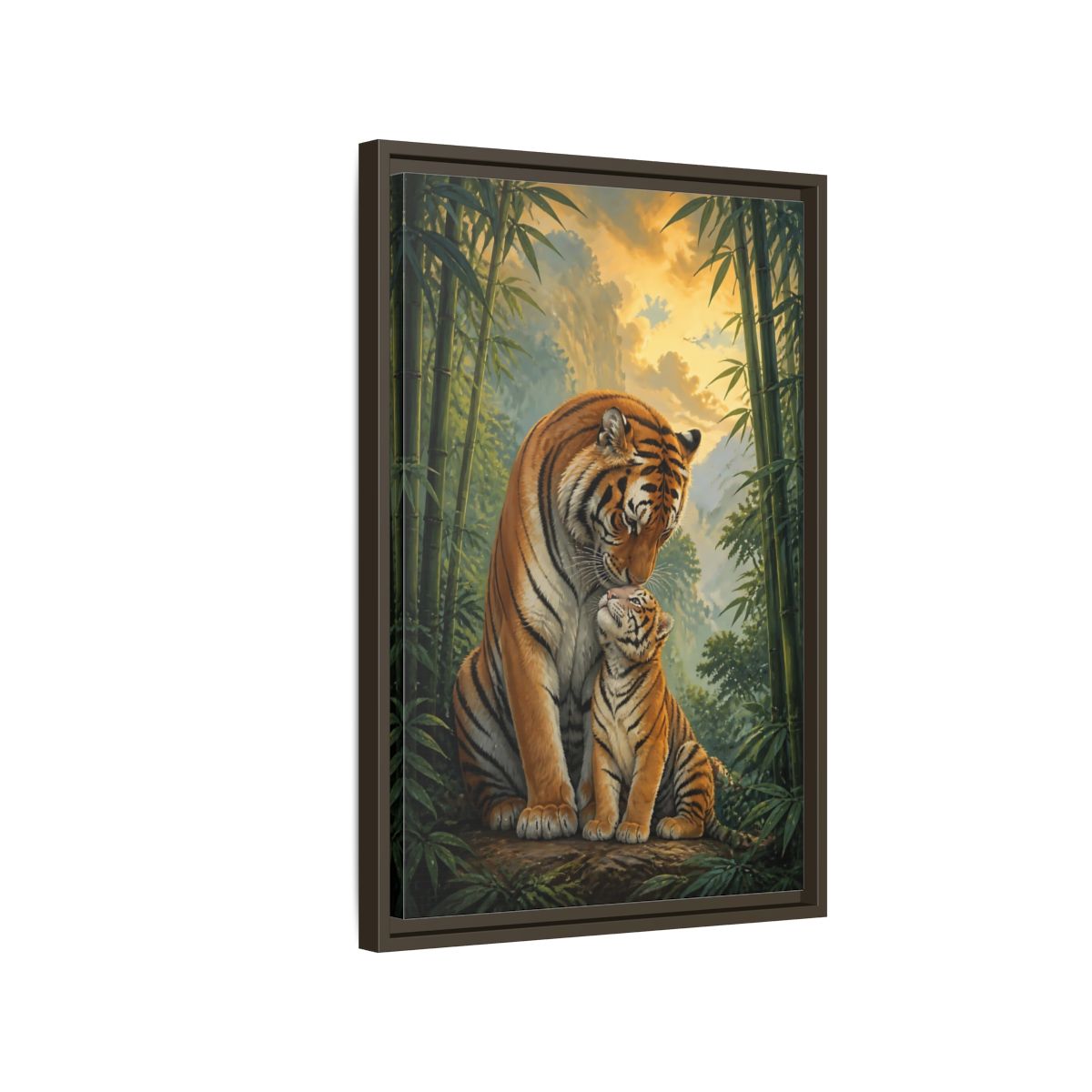Side Mockup 2. Animals Tiger Mother And Cub shown as framed canvas print