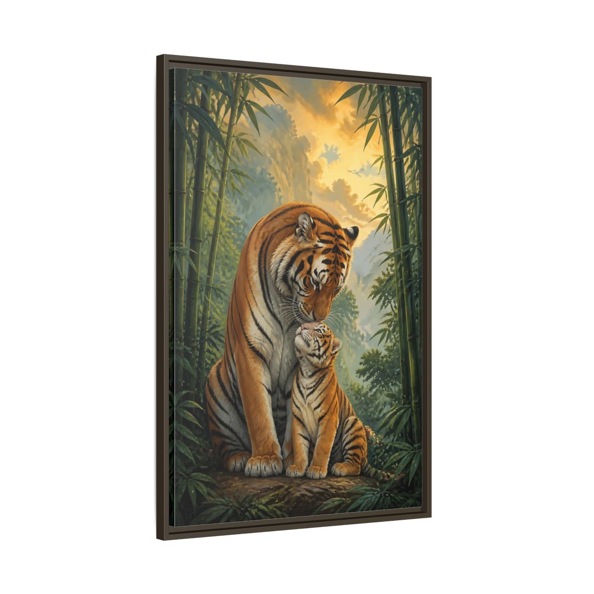 Main Mockup. Animals Tiger Mother And Cub shown as framed canvas print