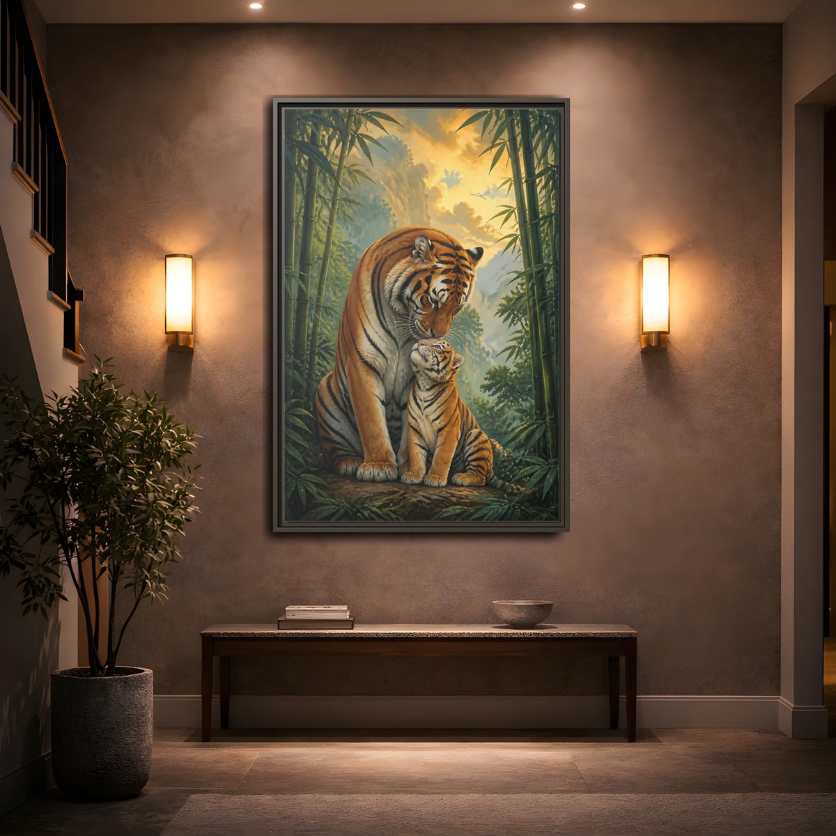 Mockup 2. Animals Tiger Mother And Cub shown as framed canvas print