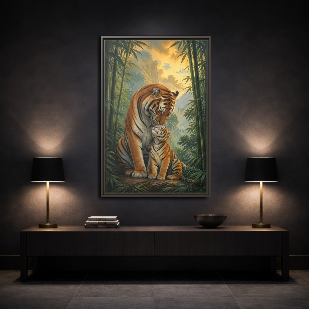 Mockup 3. Animals Tiger Mother And Cub shown as framed canvas print