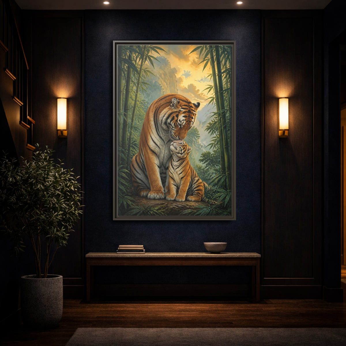 Mockup 4. Animals Tiger Mother And Cub shown as framed canvas print