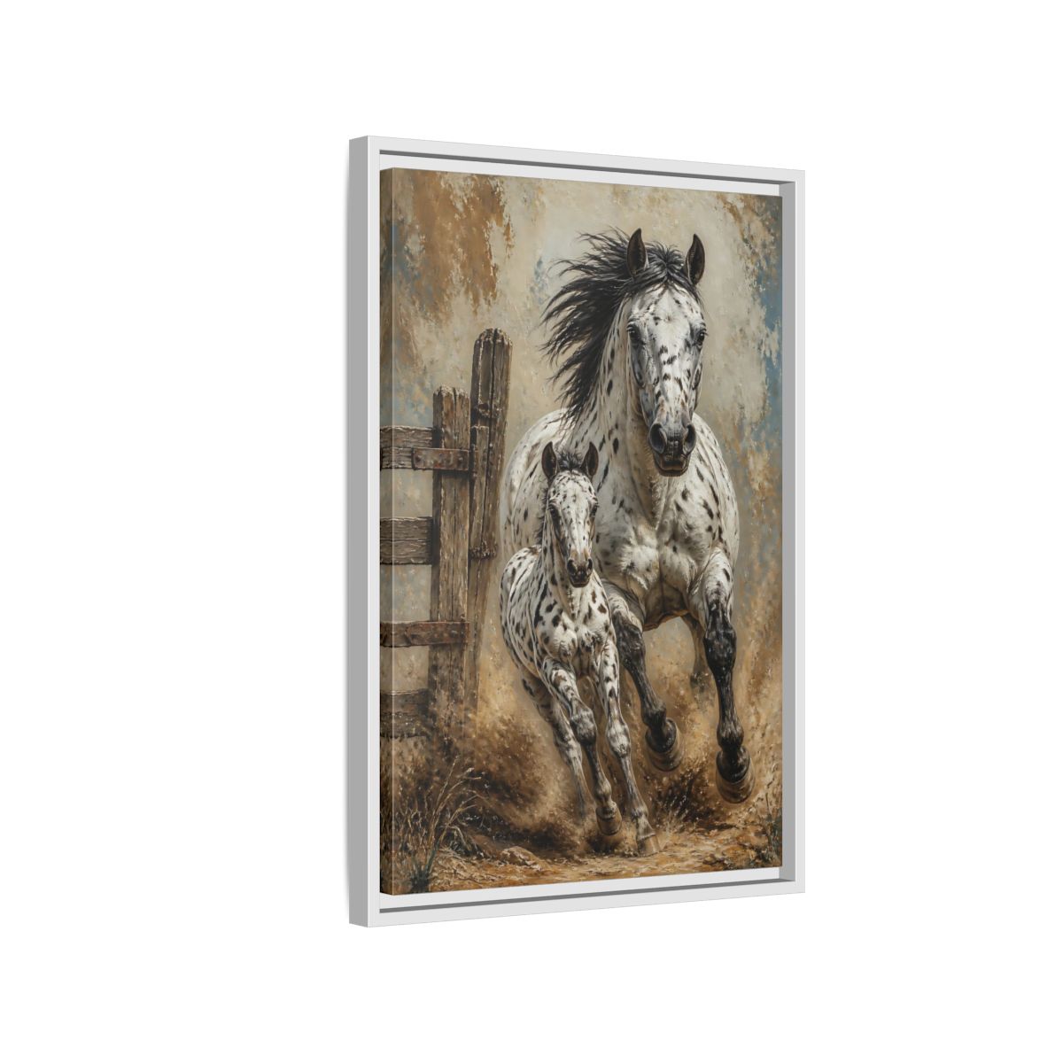 Side Mockup 1. Appaloosa Mare And Foal shown as framed canvas print