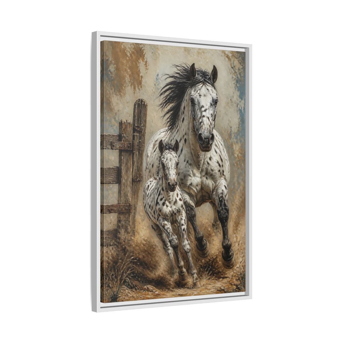Side Mockup 10. Appaloosa Mare And Foal shown as framed canvas print