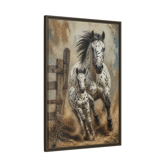 Main Mockup. Appaloosa Mare And Foal shown as framed canvas print