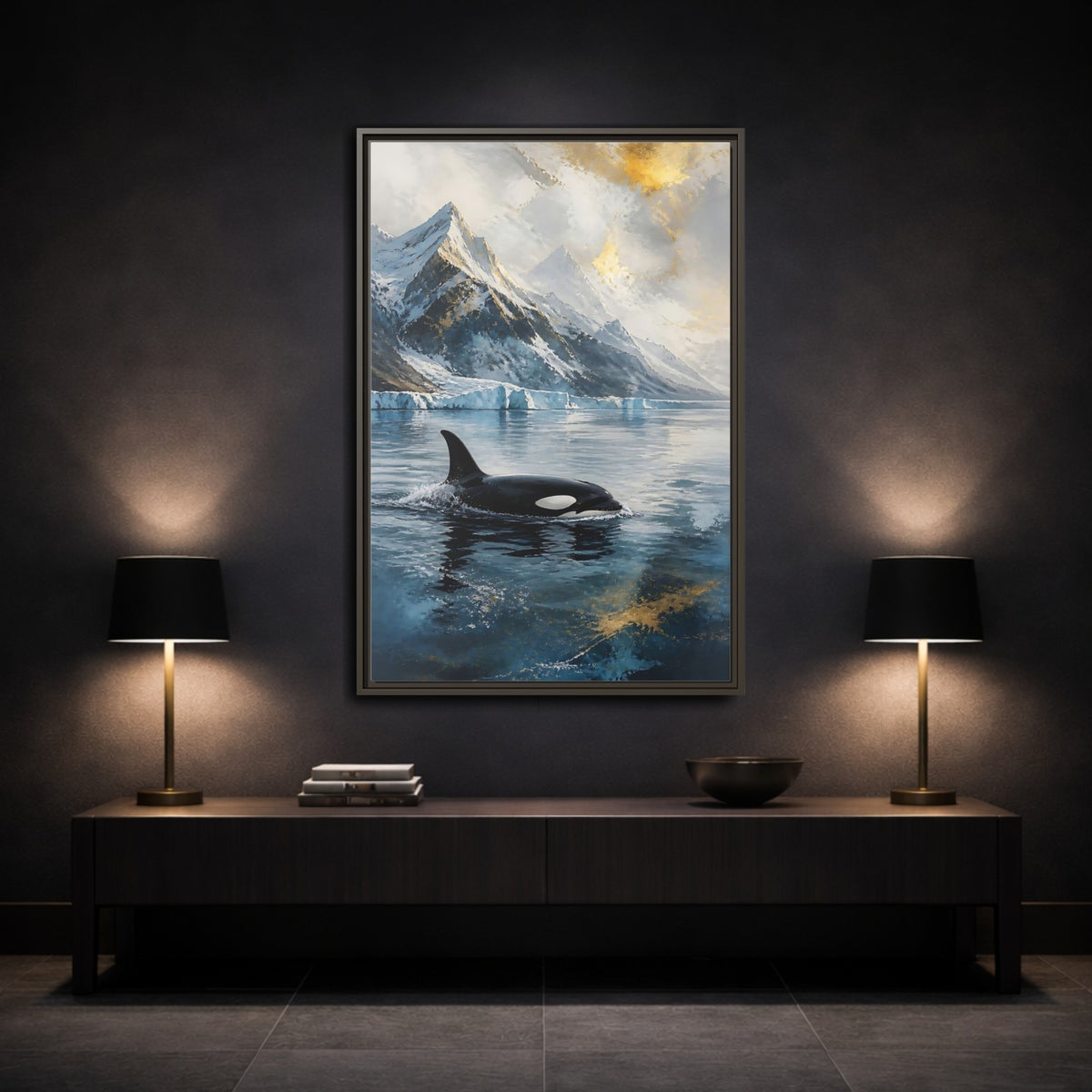 Mockup 3. Arctic Orca Animals shown as framed canvas print