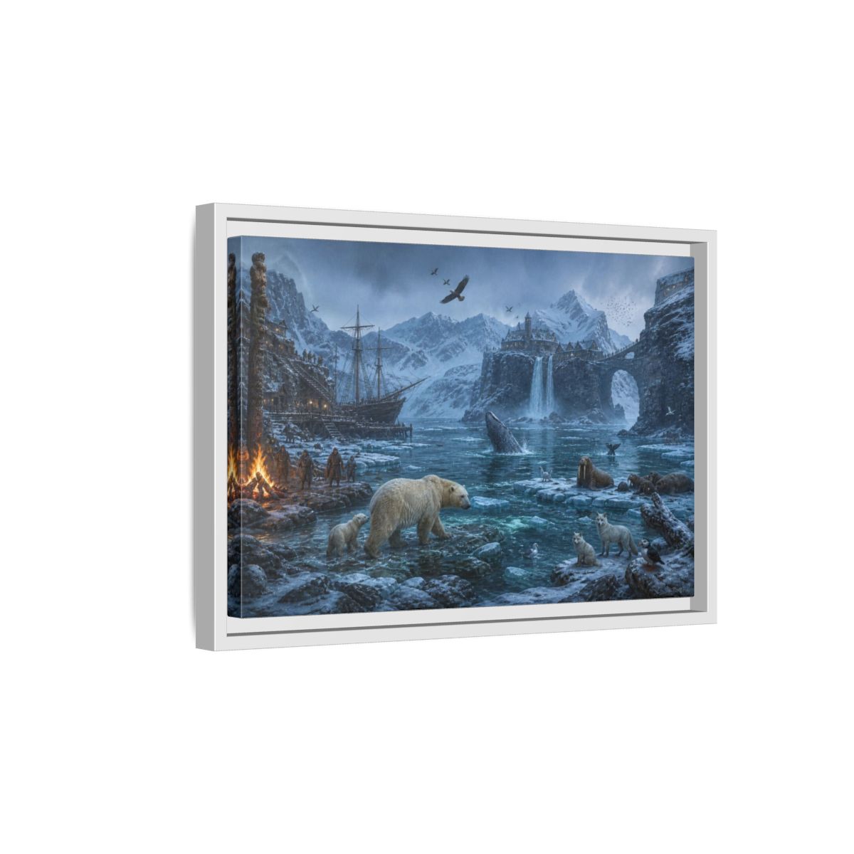 Side Mockup 4. Arctic Polar Bear Harbor shown as framed canvas print