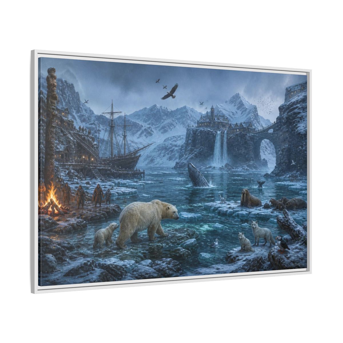 Side Mockup 7. Arctic Polar Bear Harbor shown as framed canvas print