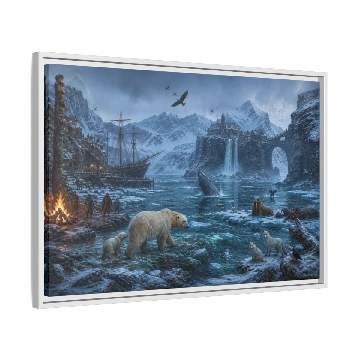 Side Mockup 10. Arctic Polar Bear Harbor shown as framed canvas print