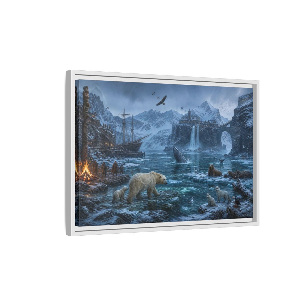 Side Mockup 1. Arctic Polar Bear Harbor shown as framed canvas print